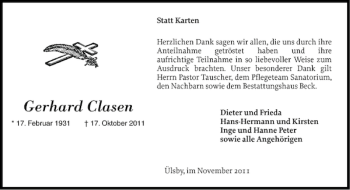 Traueranzeige von Gerhard Clasen von Schleswiger Nachrichten