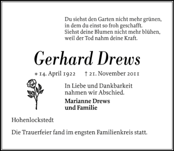Traueranzeige von Gerhard Drews von Norddeutsche Rundschau