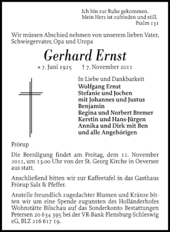 Traueranzeige von Gerhard Ernst von Flensburger Tageblatt