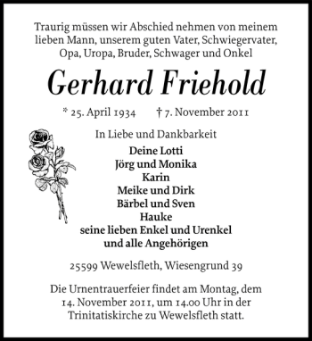 Traueranzeige von Gerhard Friehold von Norddeutsche Rundschau