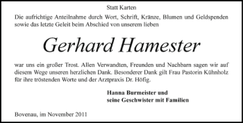 Traueranzeige von Gerhard Hamester von Landeszeitung