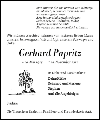 Traueranzeige von Gerhard Papritz von Flensburger Tageblatt