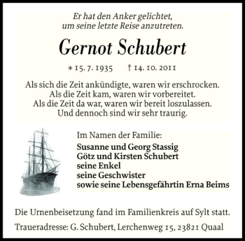Traueranzeige von Gernot Schubert von Nordfriesland Tageblatt