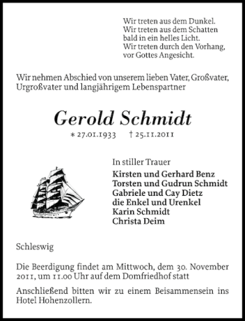 Traueranzeige von Gerold Schmidt von Schleswiger Nachrichten