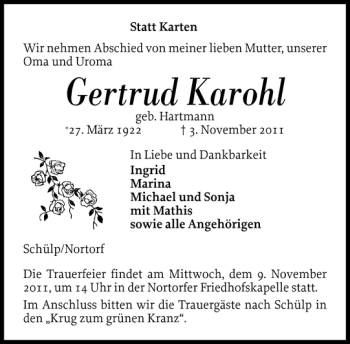 Traueranzeige von Gertrud Karohl von Landeszeitung