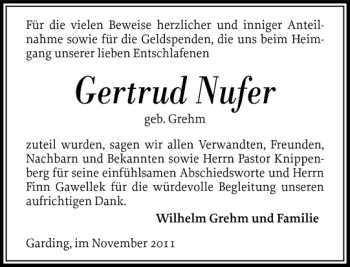 Traueranzeige von Gertrud Nufer von Husumer Nachrichten