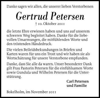 Traueranzeige von Gertrud Petersen von Landeszeitung