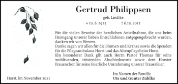 Traueranzeige von Gertrud Philippsen von Norddeutsche Rundschau