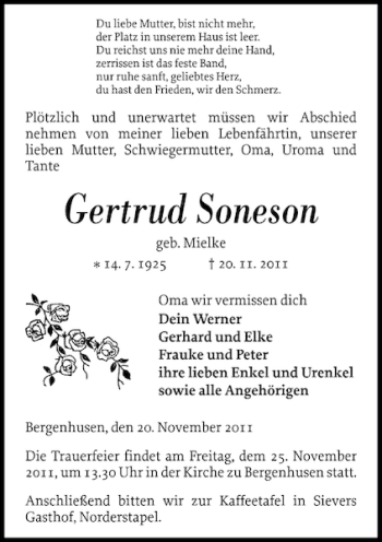 Traueranzeige von Gertrud Soneson von Landeszeitung
