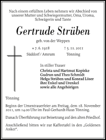 Traueranzeige von Gertrude Strüben von Husumer Nachrichten