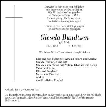 Traueranzeige von Giesela Bundtzen von Landeszeitung