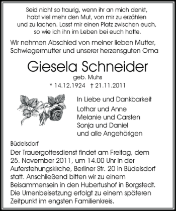 Traueranzeige von Giesela Schneider von Landeszeitung