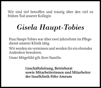 Traueranzeige von Gisela Haupt-Tobies von Der Insel-Bote