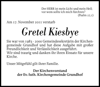 Traueranzeige von Gretel Kiesbye von Flensburger Tageblatt