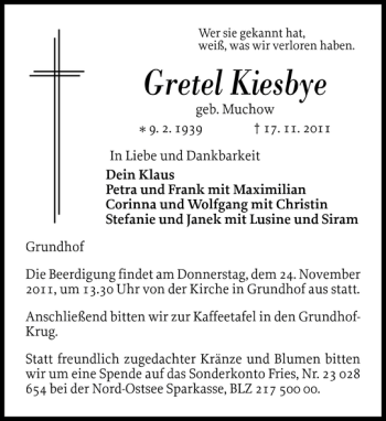 Traueranzeige von Gretel Kiesbye von Flensburger Tageblatt