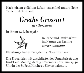 Traueranzeige von Grethe Grossart von Flensburger Tageblatt
