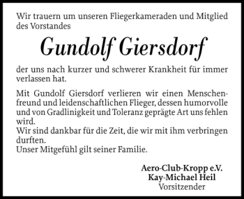 Traueranzeige von Gundolf Giersdorf von Landeszeitung