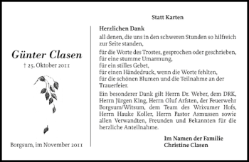 Traueranzeige von Günter Clasen von Der Insel-Bote