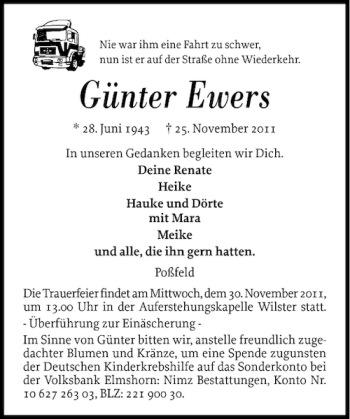 Traueranzeige von Günter Ewers von Norddeutsche Rundschau