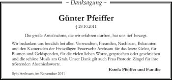 Traueranzeige von Günter Pfeiffer von Sylter Rundschau