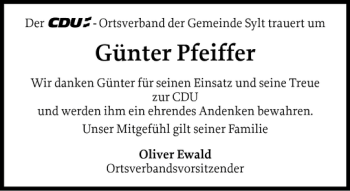 Traueranzeige von Günter Pfeiffer von Sylter Rundschau