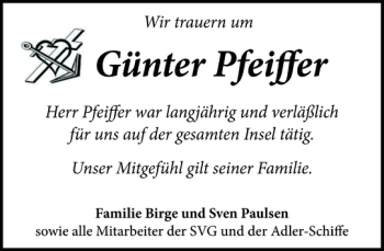 Traueranzeige von Günter Pfeiffer von Sylter Rundschau