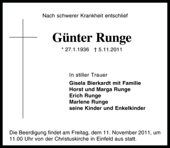 Traueranzeige von Günter Runge von Holsteinischer Courier