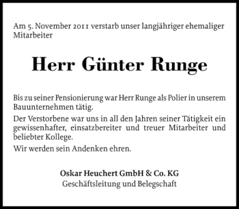 Traueranzeige von Günter Runge von Holsteinischer Courier