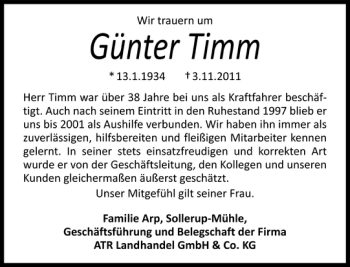 Traueranzeige von Günter Timm von Flensburger Tageblatt