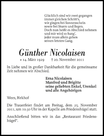 Traueranzeige von Günther Nicolaisen von Flensburger Tageblatt