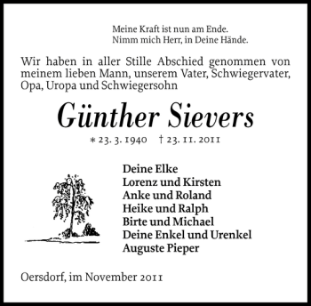 Traueranzeige von Günther Sievers von Landeszeitung