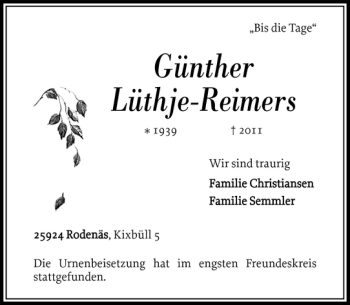 Traueranzeige von GüntherLüthje-Reimers  von Nordfriesland Tageblatt