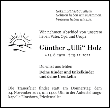 Traueranzeige von Günther Ulli Holz von Elmshorner Nachrichten