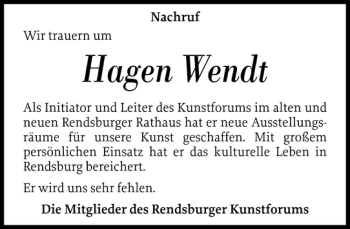 Traueranzeige von Hagen Wendt von Landeszeitung