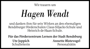 Traueranzeige von Hagen Wendt von Landeszeitung