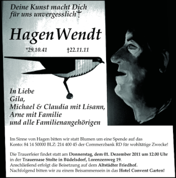 Traueranzeige von HagenWendt  von Landeszeitung
