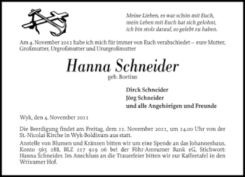 Traueranzeige von Hanna Schneider von Der Insel-Bote