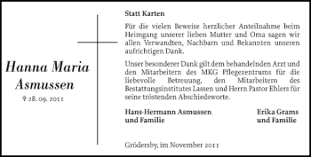 Traueranzeige von Hanna Maria Asmussen von Flensburger Tageblatt