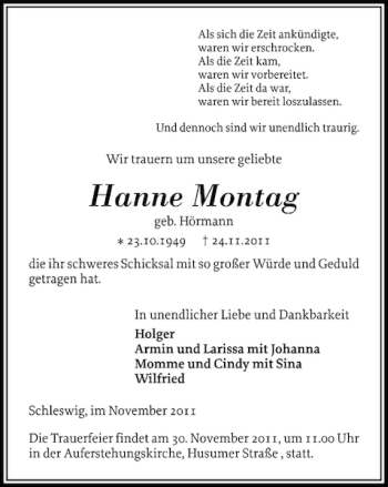 Traueranzeige von Hanne Montag von Schleswiger Nachrichten