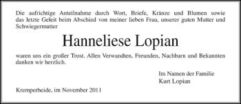 Traueranzeige von Hanneliese Lopian von Norddeutsche Rundschau