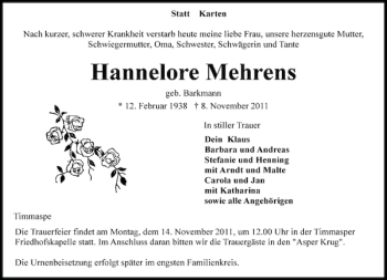 Traueranzeige von Hannelore Mehrens von Landeszeitung