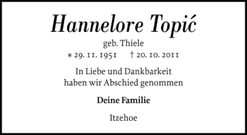 Traueranzeige von Hannelore Topic von Norddeutsche Rundschau