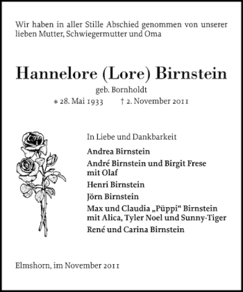 Traueranzeige von Hannelore Lore Birnstein von Elmshorner Nachrichten