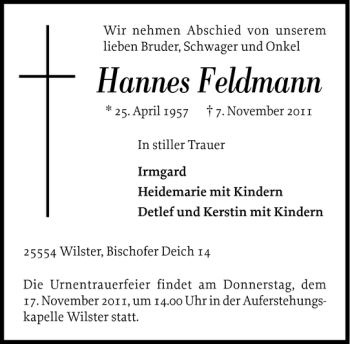 Traueranzeige von Hannes Feldmann von Norddeutsche Rundschau