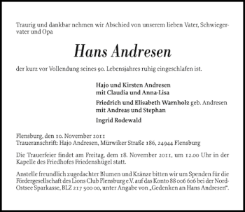 Traueranzeige von Hans Andresen von Flensburger Tageblatt