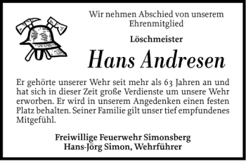 Traueranzeige von Hans Andresen von Husumer Nachrichten