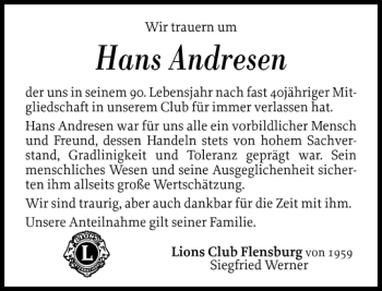 Traueranzeige von Hans Andresen von Flensburger Tageblatt