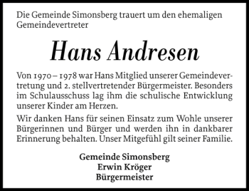 Traueranzeige von Hans Andresen von Husumer Nachrichten