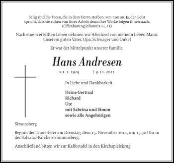 Traueranzeige von Hans Andresen von Husumer Nachrichten