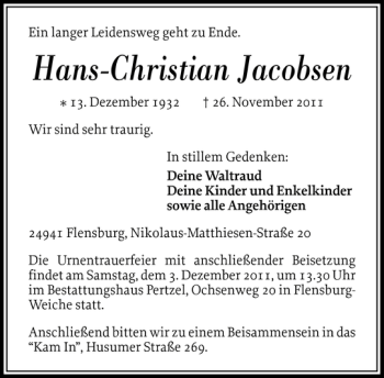 Traueranzeige von Hans-Christian Jacobsen von Flensburger Tageblatt